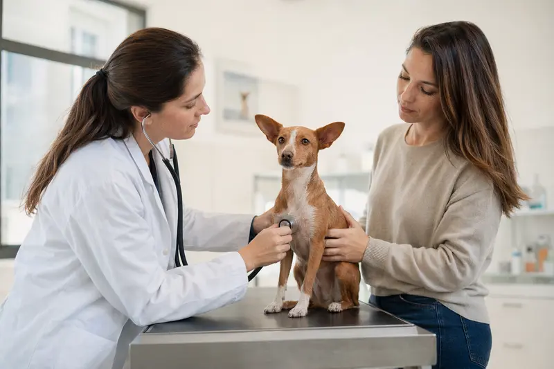 Ein Podenco Enano Hund wird von einer freundlichen Tierärztin in einer modernen Tierarztpraxis untersucht.