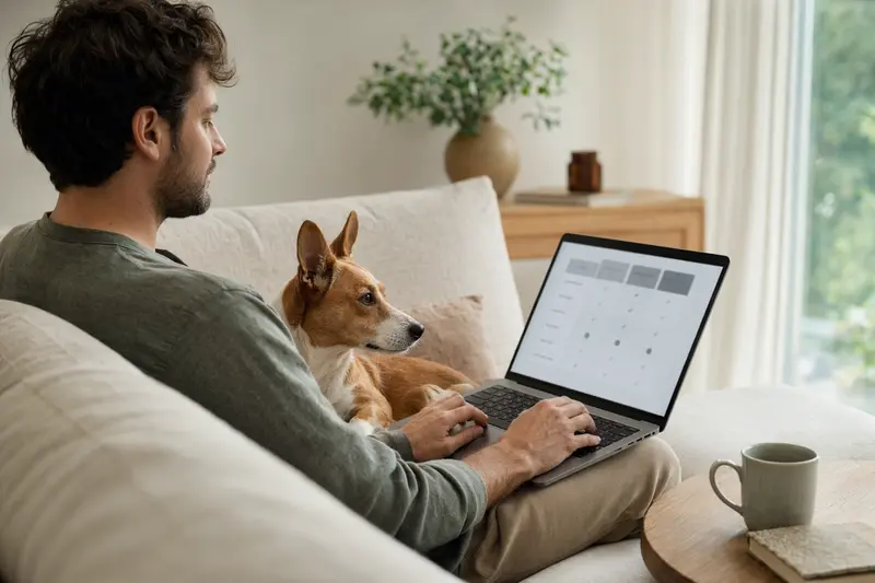 Hundebesitzer sitzt mit Laptop auf dem Sofa, Podenco Enano neben ihm in einer hellen Wohnung, während er Versicherungsoptionen vergleicht.