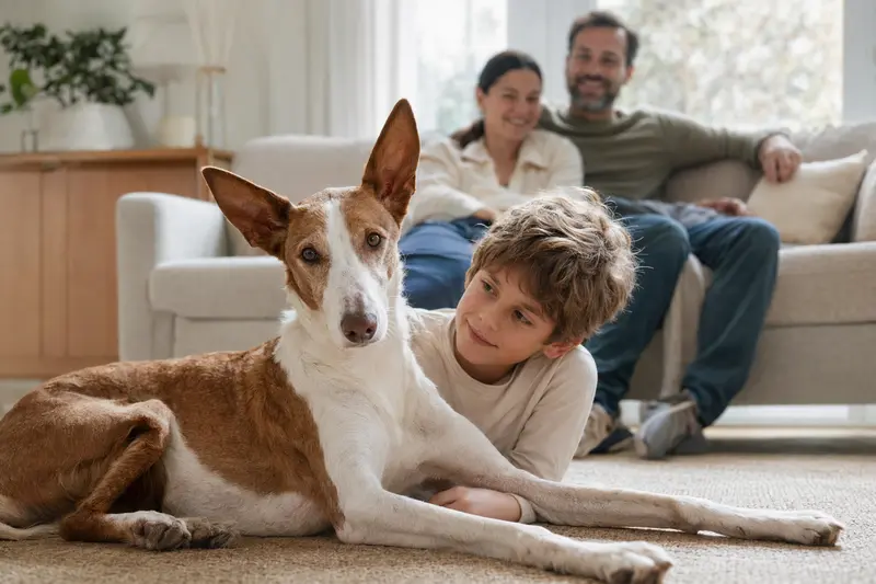 Ein freundlicher Podenco Grande liegt entspannt neben einem Kind im hellen Wohnzimmer, während Eltern im Hintergrund für eine sichere Familienatmosphäre sorgen.