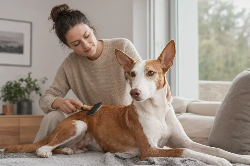 Ein Podenco Grande wird von seinem Besitzer zuhause sanft gebürstet, als Ausdruck von liebevoller Fellpflege und verantwortungsvoller Hundegesundheit.