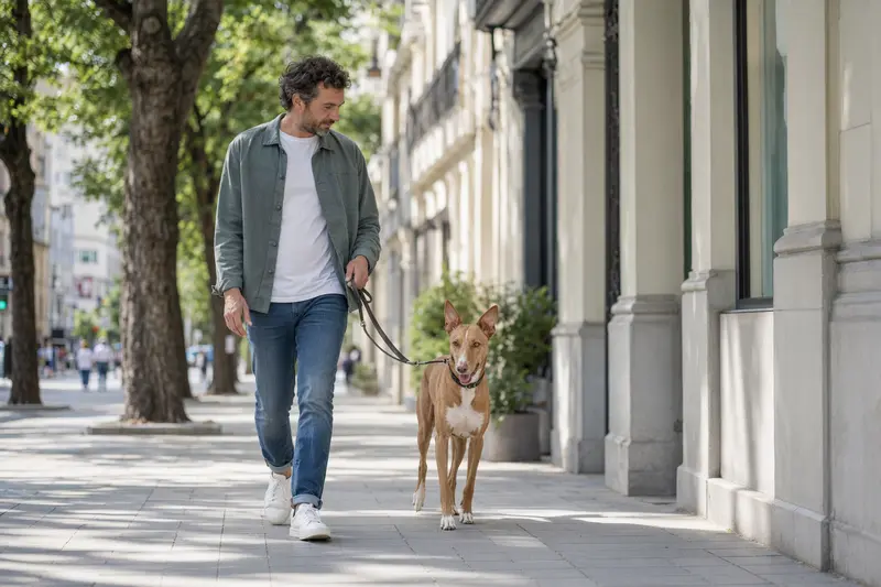 Ein Podenco Grande läuft an der Leine mit seinem Besitzer durch eine moderne Stadtstraße in entspannter Alltagssituation.