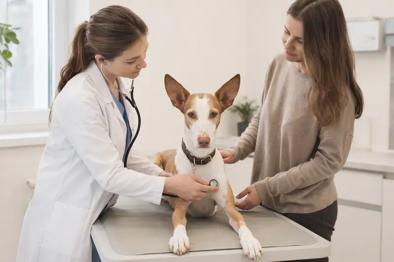 Eine Tierärztin untersucht einen ruhigen Podenco Grande mit dem Stethoskop, während der Besitzer in der modernen Tierarztpraxis beruhigend danebensteht.
