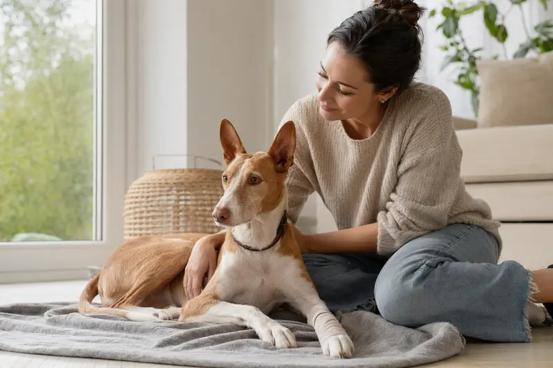 Ein Podenco Grande mit leichtem Verband an der Pfote liegt auf einer Decke, während sein Besitzer neben ihm erleichtert sitzt.