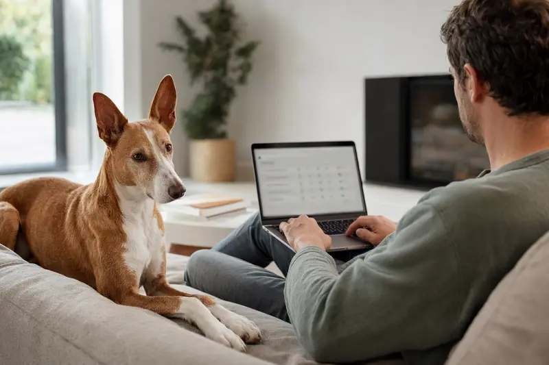 Ein Hund neben einem Laptop auf dem Sofa, während der Besitzer Versicherungsoptionen für Tiergesundheit prüft.