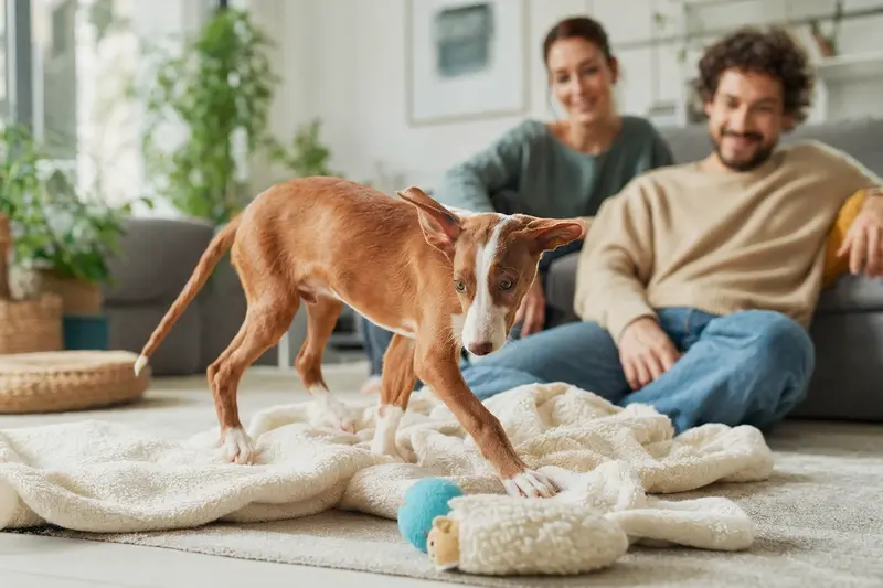 Junger Podenco Grande Welpe entdeckt neugierig sein neues Zuhause in einer hellen Wohnung mit weicher Decke und Spielzeug.