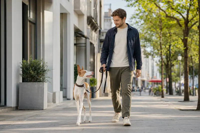 Ein Podenco Ibicenco läuft an der Leine mit seinem Besitzer durch eine freundliche moderne Stadtstraße.