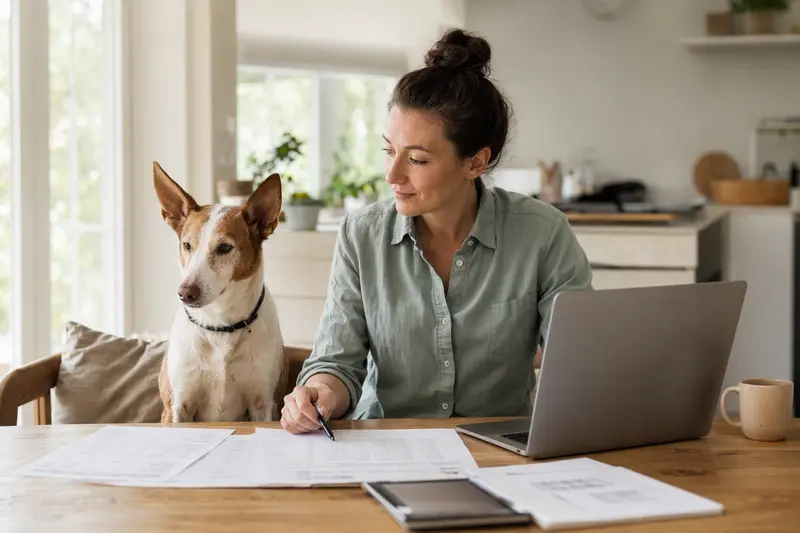 Ein Podenco Ibicenco sitzt ruhig neben seinem Besitzer am Küchentisch mit Versicherungsunterlagen und einem Laptop für den Hundekrankenversicherung-Vergleich.