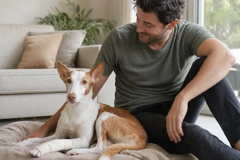 Ein Podenco Ibicenco liegt mit leichtem Verband an der Pfote ruhig auf einer Decke neben seinem erleichterten Besitzer.