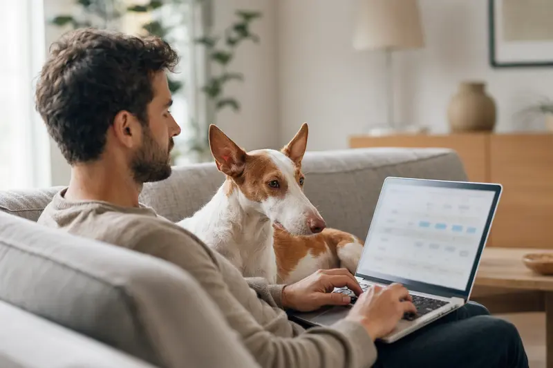 Ein Hundebesitzer mit einem Podenco Ibicenco auf dem Sofa arbeitet am Laptop und vergleicht Tierkrankenversicherungen.