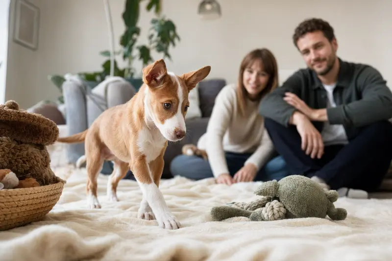 Ein neugieriger Podenco Ibicenco Welpe erkundet sein neues Zuhause, umgeben von einer liebevollen Familie.