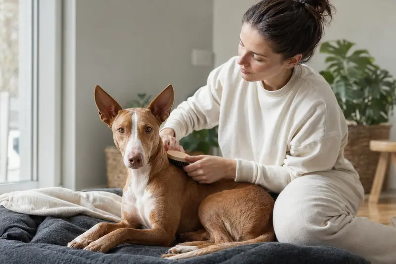 Ein Podenco Malagueño wird in einer hellen Wohnung von seinem Besitzer sanft gebürstet, was liebevolle Fellpflege und verantwortungsvolle Hundegesundheit zeigt.
