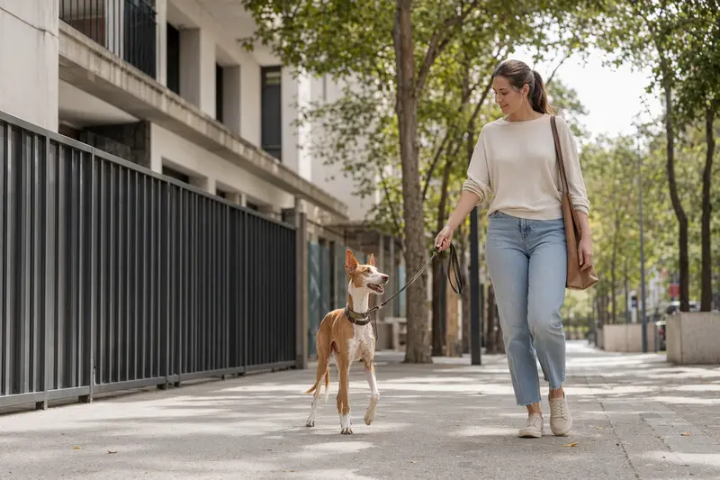 Ein Podenco Malagueño läuft an der Leine mit seinem Besitzer durch eine moderne Stadtstraße im Alltag.