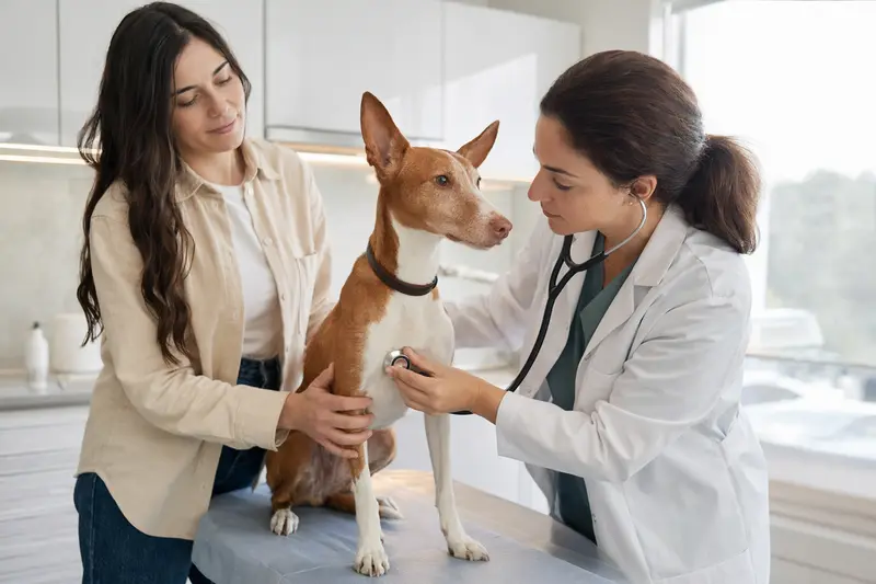 Ein Podenco Malagueño wird von einer freundlichen Tierärztin auf einem Untersuchungstisch untersucht.
