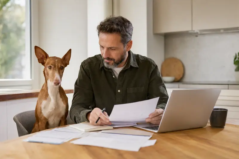 Ein Podenco Malagueño sitzt ruhig neben seinem Besitzer am Küchentisch mit Versicherungsunterlagen und einem Laptop zur Hundekrankenversicherung.