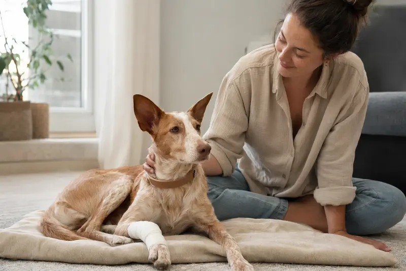 Ein Podenco Malagueño mit leicht verbundenem Pfotenverband liegt ruhig auf einer Decke neben seinem erleichterten Besitzer in einer hellen Wohnung.