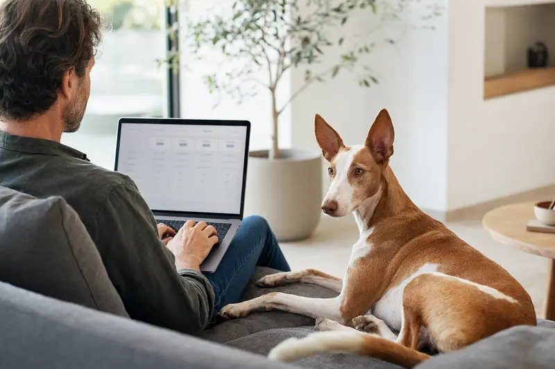 Ein Hundebesitzer arbeitet am Laptop auf dem Sofa mit einem Podenco Malagueño daneben und vergleicht tierärztliche Versicherungen.
