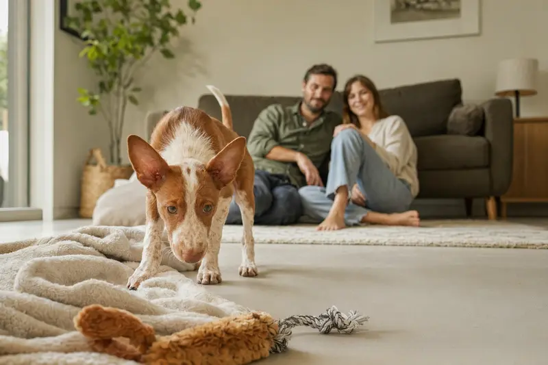 Ein junger Podenco Malagueño Welpe erkundet neugierig sein neues Zuhause mit einer weichen Decke und Spielzeug, während eine liebevolle Familie im Hintergrund sichtbar ist.