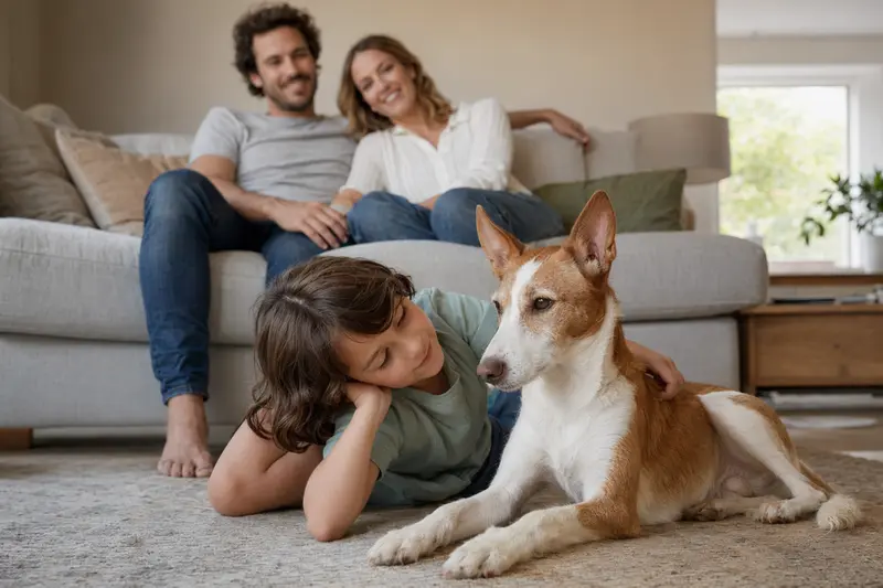Ein Podenco Malgueno liegt entspannt neben einem Kind im hellen Wohnzimmer, während die Eltern im Hintergrund eine sichere Familienatmosphäre schaffen.
