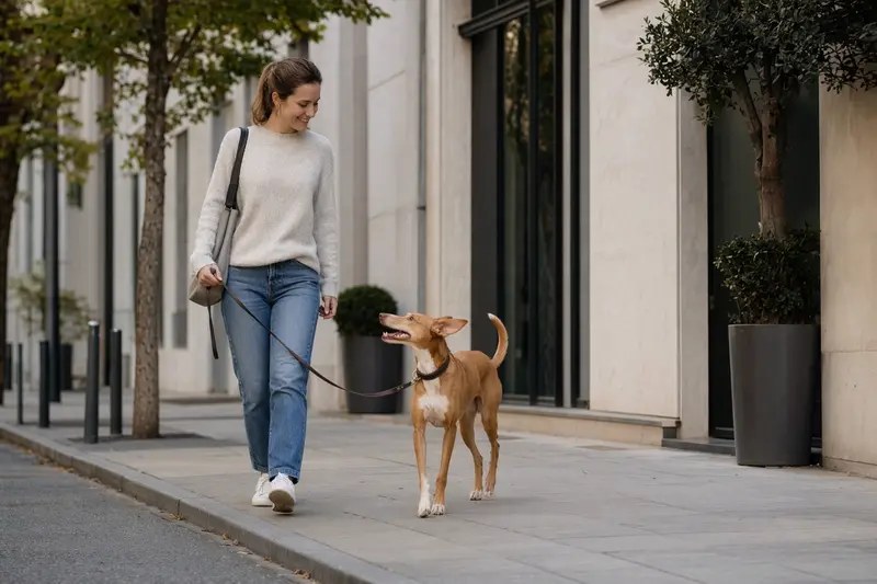 Ein Podenco Malgueno läuft entspannt an der Leine mit seinem Besitzer durch eine moderne Stadtstraße.