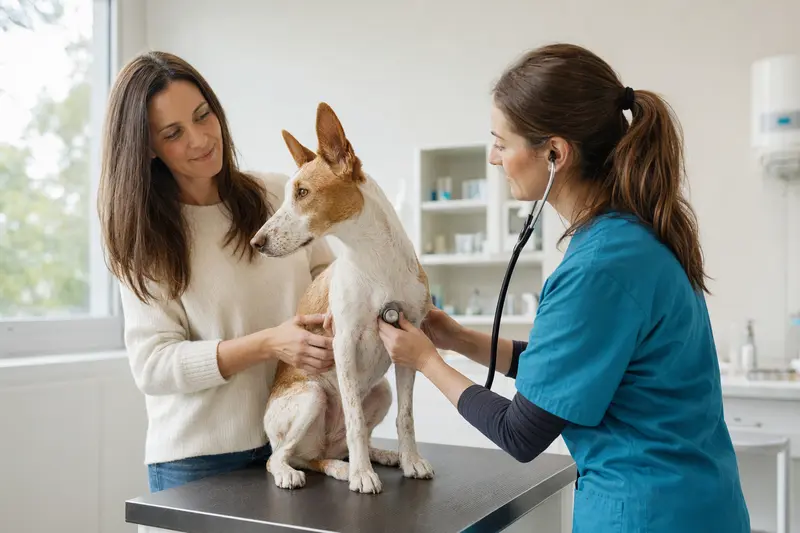 Eine Tierärztin untersucht einen ruhigen Podenco Malgueno auf dem Untersuchungstisch in einer modernen Tierarztpraxis, während der Besitzer beruhigend neben ihm steht.