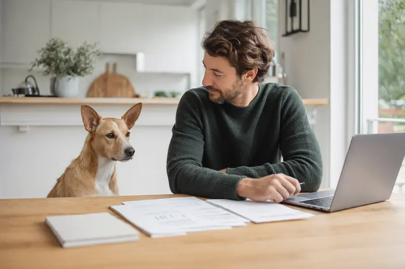 Podenco Malgueno sitzt ruhig neben seinem Besitzer am Küchentisch mit Versicherungsunterlagen und Laptop auf einer Vergleichsseite für Hundeversicherungen.