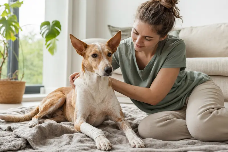Ein Podenco Malgueno mit leicht verbundenen Pfote liegt ruhig auf einer Decke, während sein Besitzer erleichtert neben ihm sitzt.