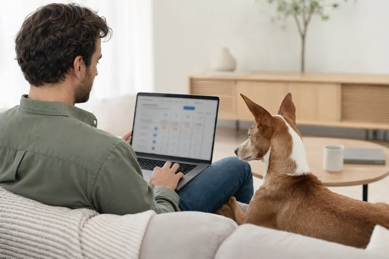 Ein Besitzer mit Laptop auf dem Sofa und einem Podenco Malgueno Hund, während er einen Versicherungsvergleich durchführt.
