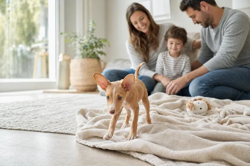 Ein junger Podenco Malgueno Welpe erkundet neugierig sein neues Zuhause mit weicher Decke und Spielzeug in einer hellen Wohnung.
