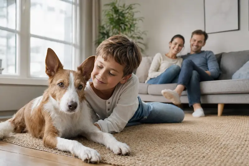 Ein freundlicher Podengo Medio liegt entspannt neben einem Kind im hellen Wohnzimmer einer Familie.