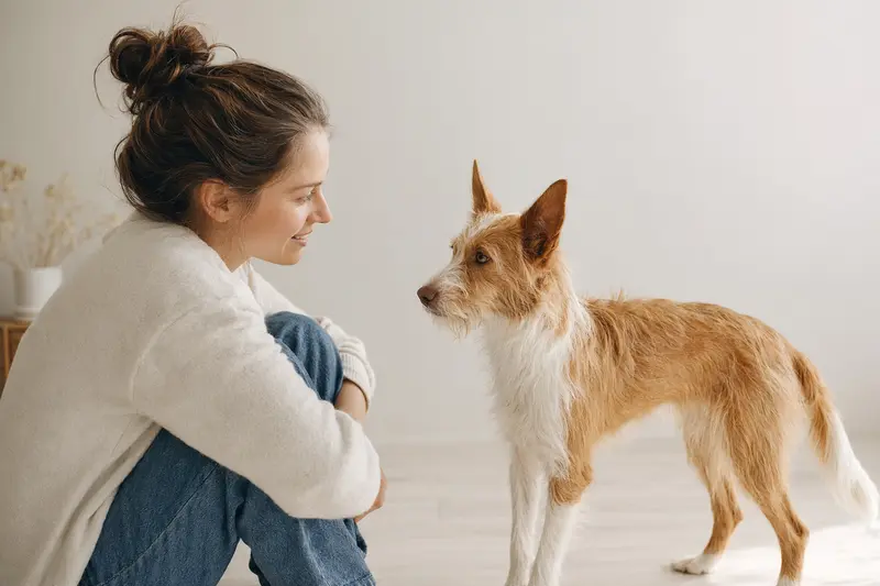 Ein aufmerksamer Podengo Medio steht in natürlicher Haltung vor hellem Hintergrund und zeigt seine typische Körperform als realistisches Hundeportrait.