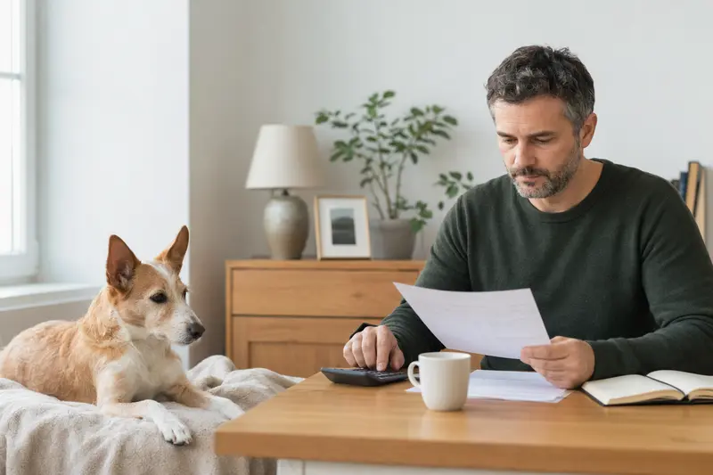 Ein Hundehalter sitzt mit einer Tierarztrechnung am Tisch, während ein entspannter Podengo Medio auf einer Decke daneben liegt und die ruhige Atmosphäre einer lösungsorientierten Auseinandersetzung mit Tierarztkosten vermittelt.