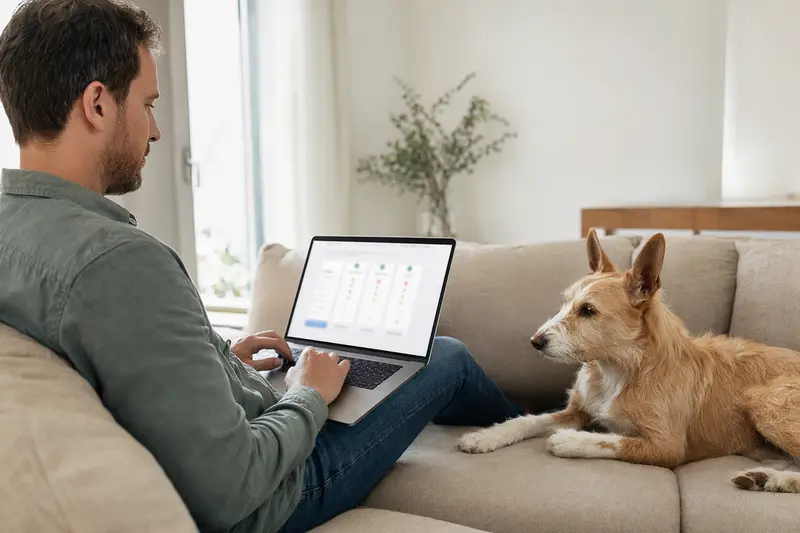 Ein Hundebesitzer sitzt entspannt mit Laptop auf dem Sofa und vergleicht Tierversicherungen