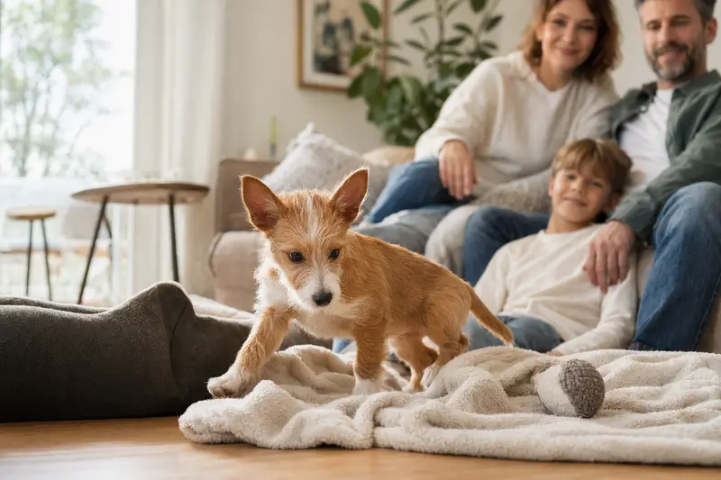Ein neugieriger Podengo Medio Welpe erkundet seine neue Umgebung mit einer liebevollen Familie im Hintergrund.