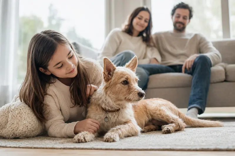 Ein Podengo Pequeno Hund liegt entspannt neben einem Kind im hellen Wohnzimmer, während die Eltern im Hintergrund eine sichere Familienatmosphäre schaffen.