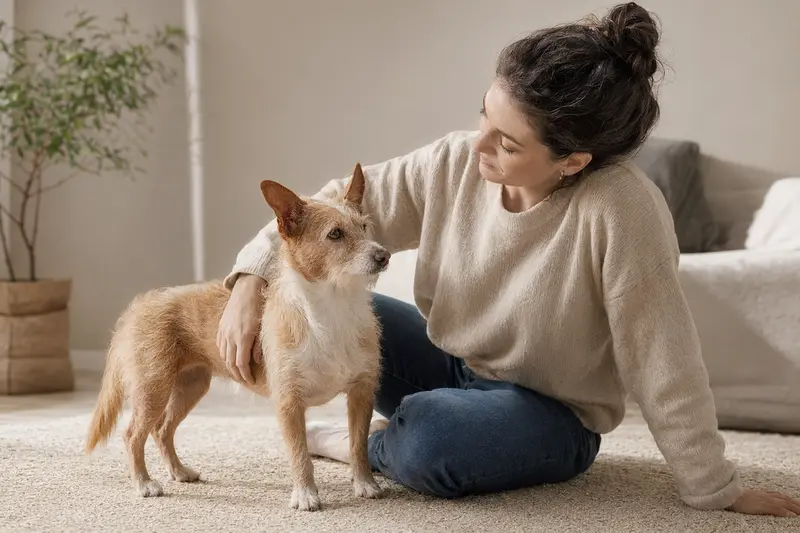 Podengo Pequeno Hund steht aufmerksam in natürlicher Haltung vor hellem Hintergrund.