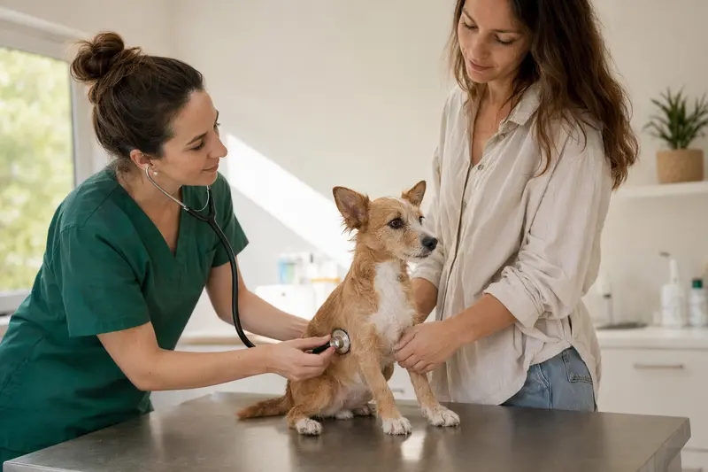 Ein Podengo Pequeno Hund wird von einer Tierärztin behutsam mit einem Stethoskop in einer modernen Tierarztpraxis untersucht.