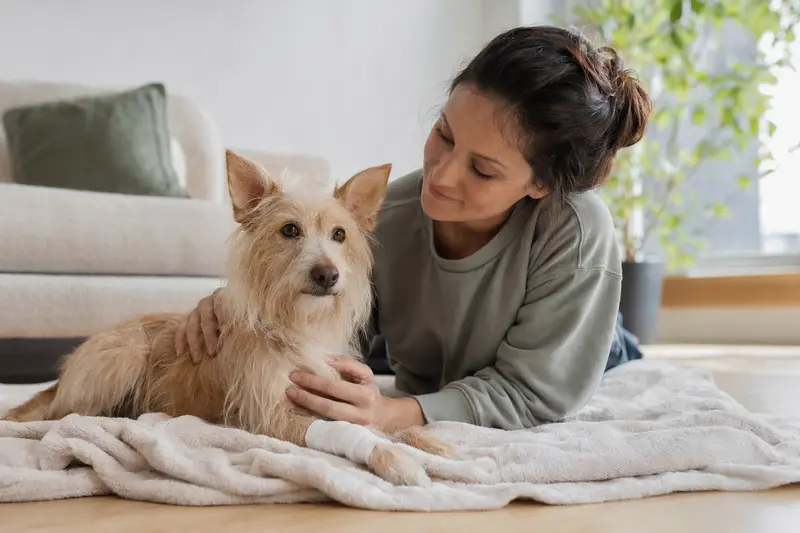 Ein Podengo Pequeno mit leicht verbundenem Pfötchen liegt ruhig auf einer Decke, während sein Besitzer erleichtert neben ihm sitzt.