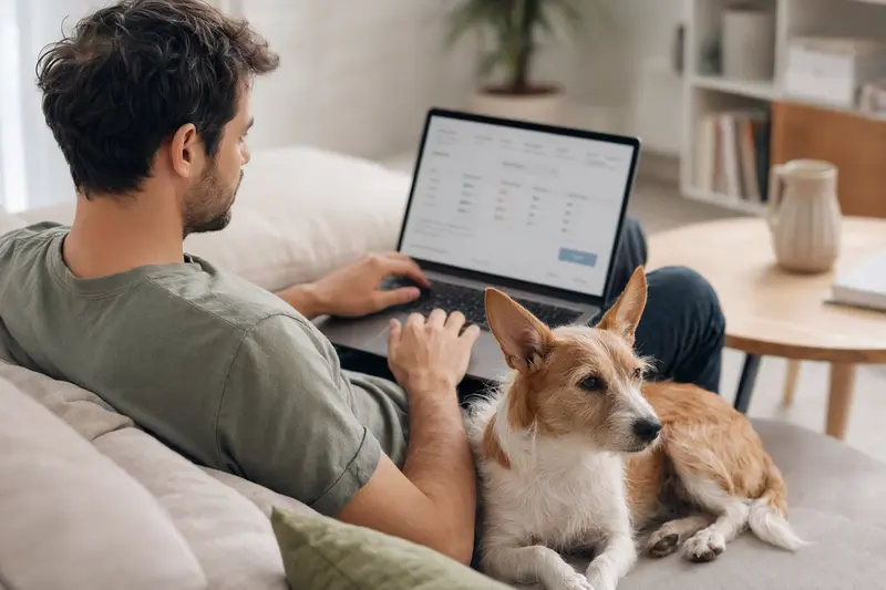 Ein Hundebesitzer nutzt seinen Laptop auf dem Sofa und vergleicht Tierversicherungen neben seinem Podengo Pequeno.