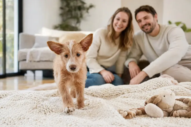 Ein neugieriger Podengo Pequeno Welpe erkundet sein neues Zuhause mit weicher Decke und Spielzeug, während seine liebevolle Familie im Hintergrund sichtbar ist.