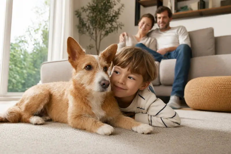 Ein freundlicher Podengo Portugues liegt entspannt neben einem Kind im Wohnzimmer, während die Eltern im Hintergrund in einer hellen, sicheren Familienatmosphäre stehen.
