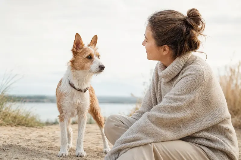 Ein aufmerksam stehender Podengo Portugues vor hellem Hintergrund als realistisches Hundeportrait mit weichem Licht.