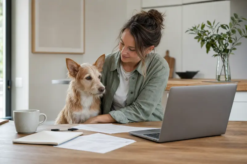 Ein Podengo Portugues sitzt ruhig neben seinem Besitzer am Küchentisch, während Versicherungsunterlagen und ein Laptop mit Vergleichsseite auf die Hundekrankenversicherung hinweisen.