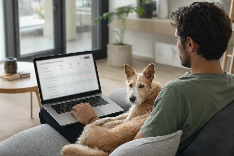 Besitzer mit Laptop auf dem Sofa, Podengo Portugues Hund daneben, der Bildschirm zeigt eine neutrale Versicherungsvergleichs-Oberfläche.