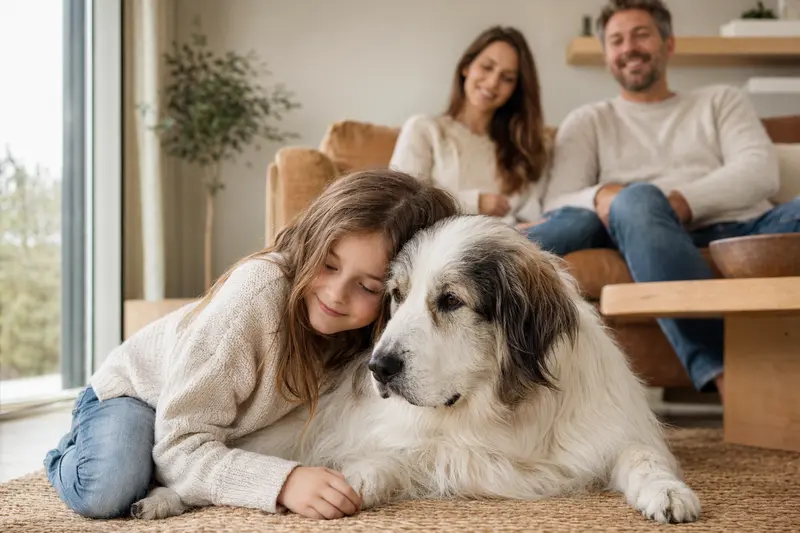 Ein freundlicher Podhalaner Hund liegt entspannt neben einem Kind im Wohnzimmer, während die Eltern im Hintergrund eine sichere Familienatmosphäre schaffen.