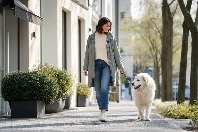 Ein Podhalaner läuft an der Leine mit seinem Besitzer durch eine moderne Stadtstraße im Alltag.