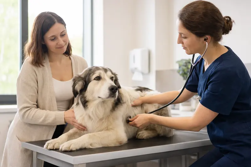 Ein Podhalaner Hund wird von einer Tierärztin in einer modernen Praxis untersucht, während der Besitzer beruhigend daneben steht.
