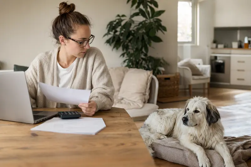 Ein Hundehalter sitzt mit einer Tierarztrechnung am Tisch, während ein entspannter Podhalaner auf einer Decke liegt und das Thema Hundekrankenversicherung ruhig und sachlich vermittelt wird.