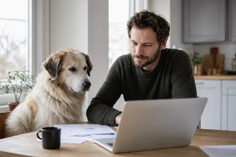 Podhalaner Hund sitzt ruhig neben seinem Besitzer am Küchentisch mit Versicherungsunterlagen und Laptop zur Hundekrankenversicherung.