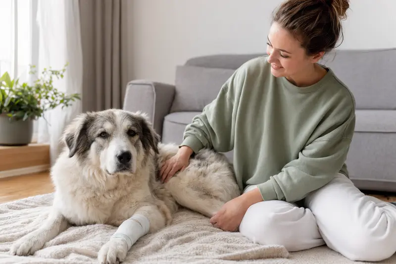 Ein Podhalaner Hund mit leicht verbundenen Pfote liegt auf einer Decke, während sein Besitzer erleichtert neben ihm sitzt.