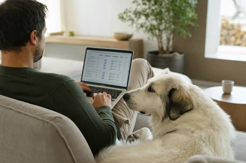 Ein Hundebesitzer arbeitet am Laptop auf dem Sofa, während ein Podhalaner Hund entspannt daneben sitzt.